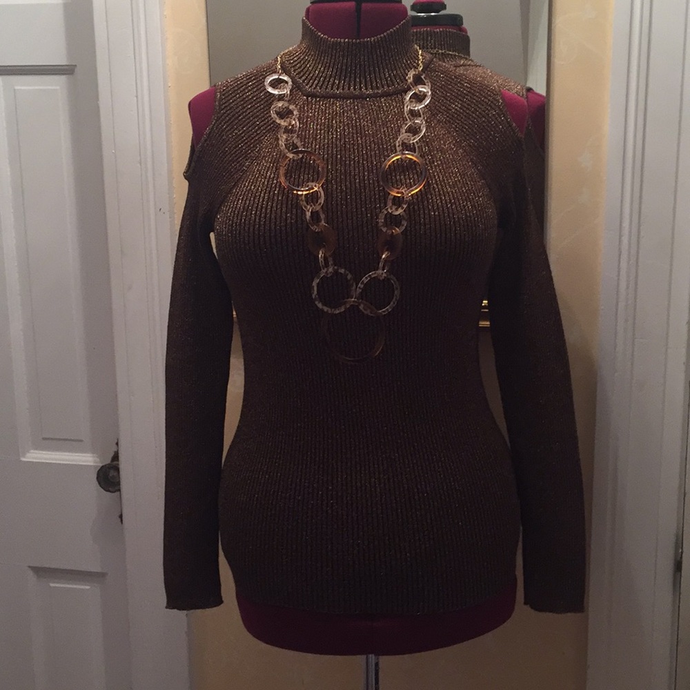Cache Cold Shoulder Metallic Sweater